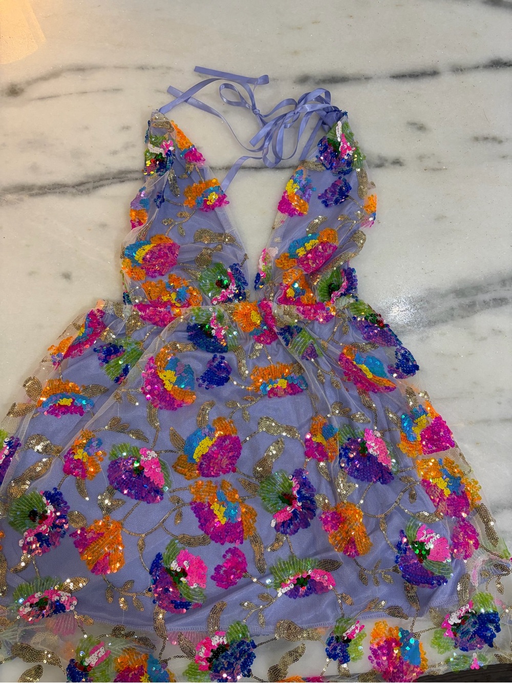 Lavender Sequin Halter Mini Dress with Multicolor Floral Embellishment